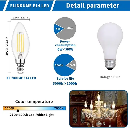ELINKUME C35 Лампа Едісона E14 6 Вт Свічка розжарювання Світлодіодна лампа Тепла біла лампа 6 шт. - фото 2