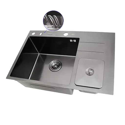 Кухонна мийка чорна з нержавіючої сталі з вбудованим смітником Nett NBM-7047, Чорний - фото 2