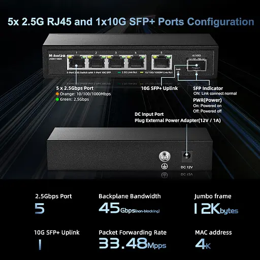 Ethernet-комутатор MokerLink 2.5G з 10G SFP, з 5 портами 2.5G Base-T, сумісними з 10/100/1000Mbps - фото 6
