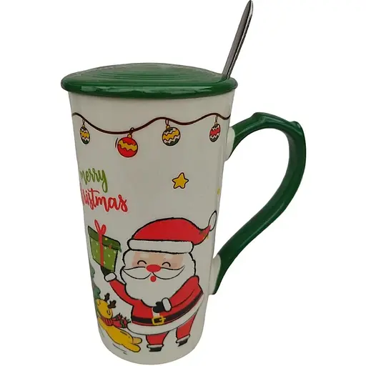 Новорічний кухоль Olens 102-1088 Біг-санта кераміка з кришкою та ложкою 380 мл Зелений - фото 1