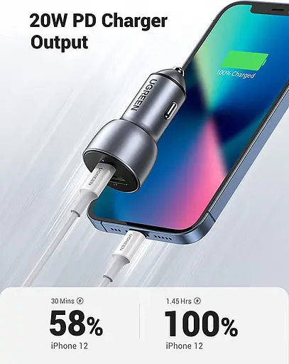 Автозарядка 2xUSB 36W USB-C+USB-A QC 3.0+ Косм. Серая CD213 UGREEN - фото 6