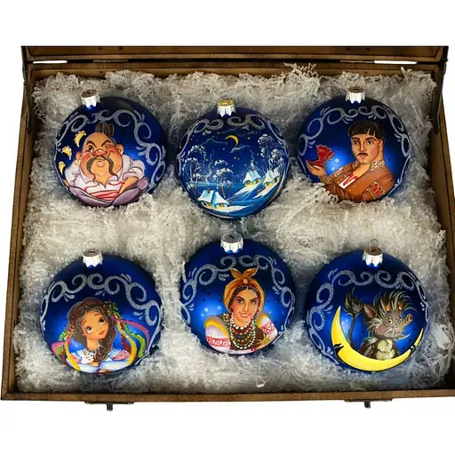 Набір ялинкових прикрас Різдвяні історії Диканьскі вечори в дерев'яній коробці скло (4820001112146)