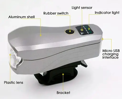 Фара велосипедная передняя аккумуляторная QH-3599 велофонарь с датчиком света USB - фото 7