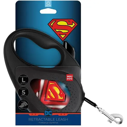Повідець-рулетка для собак Waudog R-leash, малюнок "Супермен Лого", L, до 50 кг, 5 м, світловідбиваюча стрічка чорний - фото 3