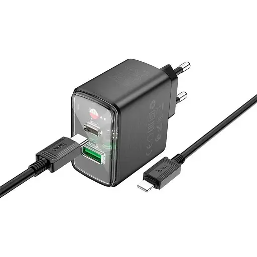 Зарядний пристрій Hoco CS42a 30 W на 2 виходи адаптер + кабель Usb-C Lightning чорний - фото 1