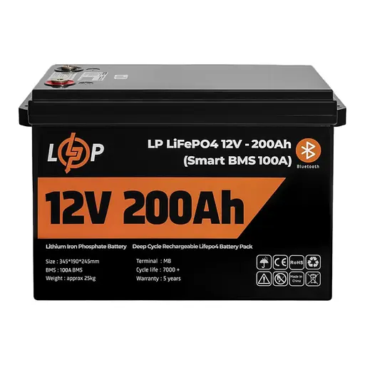 Акумулятор LP LiFePO4 12V (12,8V) - 200 Ah (2560Wh) (Smart BMS 100А) з BT пластик для ДБЖ - фото 1