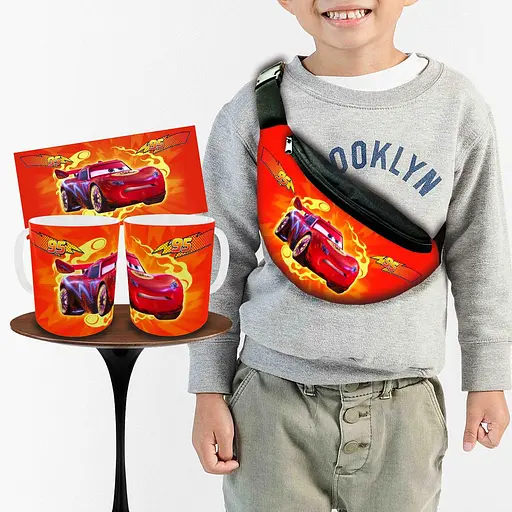 Набір: дитяча сумка-бананка+кружка Тачки Блискавка Маквін 32х15см, бананка для хлопчика через плече на подарунок (00977)