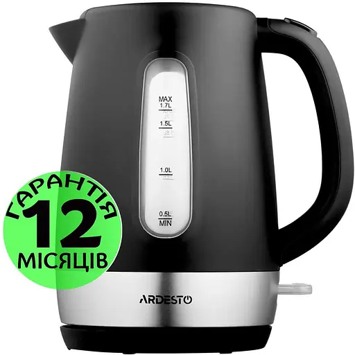 Електрочайник Ardesto EKL-F19B, чорний, 2200W, 1.7 л, дисковий, пластиковий корпус, індикатор рівня води, підсвічування, - фото 1