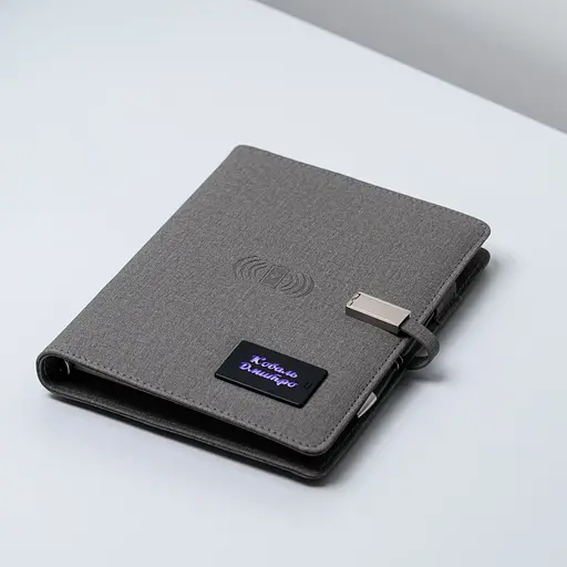 Текстильний сірій бізнес щоденник-органайзер з бездротовою зарядкою з вбудованим Powerbank і флешкою з ручкою в коробці із якісного картону