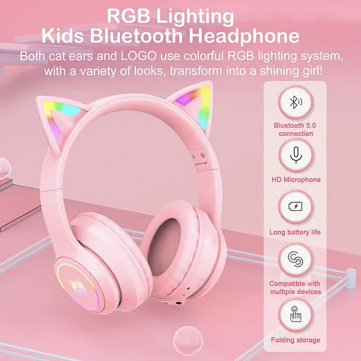 Бездротові ігрові навушники з котячими вушками Onikuma B90 з RGB підсвічуванням Навушники для стрімінгу Рожевий - фото 5