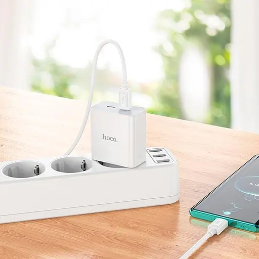 Адаптер сетевой HOCO Type-C to Type-C Cable Leader dual port(2C) charger C108A белый набор для зарядки - фото 5