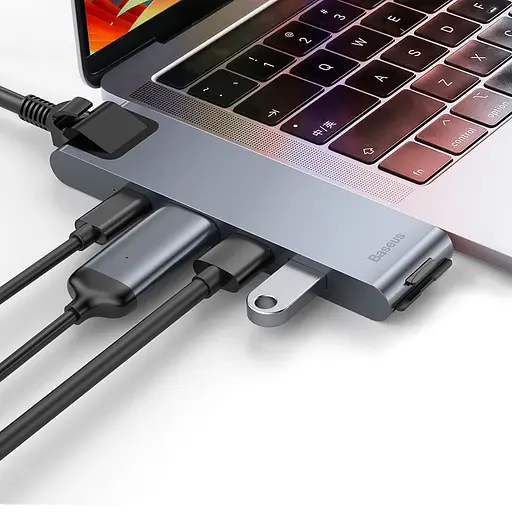 Usb Hub Baseus Thunderbolt C Pro Seven-in-one Dual Type-C to Usb3.0x2 + HDMI + RJ45 Ethernet + Type-C PD + microSD + SD card Серый - фото 4