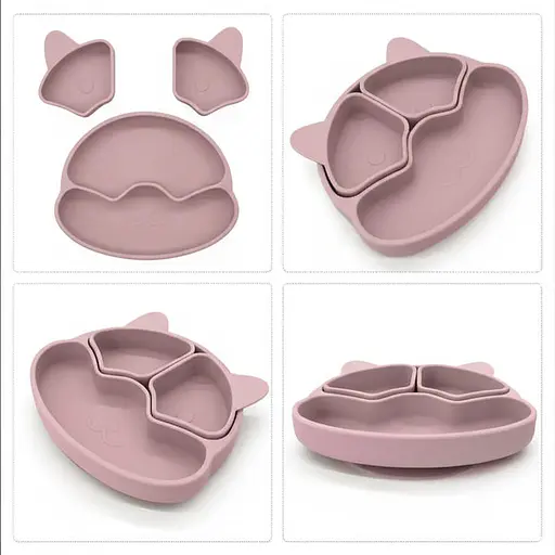 Набор детской силиконовой посуды Cheeks для прикорма на присосках из пищевого силикона нежно розовый с грызунком прорезывателем-погремушкой  Жираф - фото 2