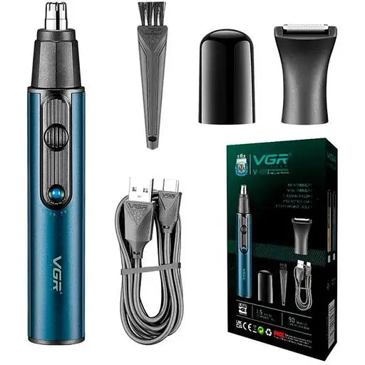 Тример акумуляторний VGR V-626 2 в 1 для стрижки носа вух та оконтовки IPX5 водонепроникний Type-C Синій - фото 1