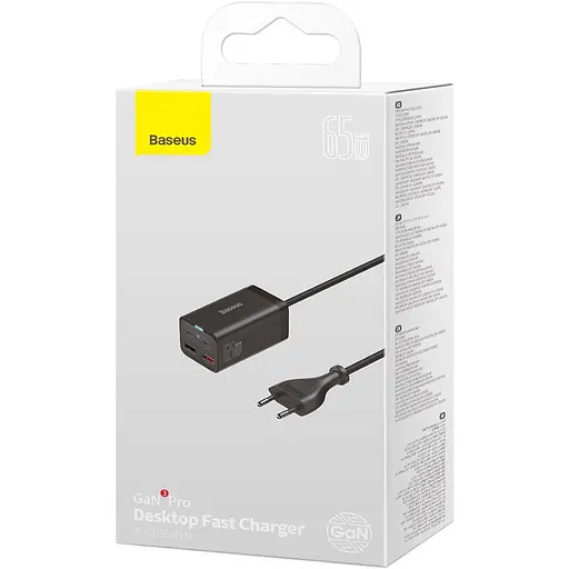 Мережевий зарядний пристрій Baseus GaN3 Pro Desktop Fast Charger 2C+2U 65W + Cable USB-C to USB-C Black (CCGP040101) [80903] - фото 7