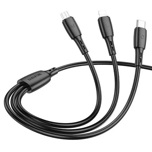 Кабель BOROFONE BX71 USB to iP+Type-C+Micro 2A, 1m, PVC, PVC connectors, Black - фото 3