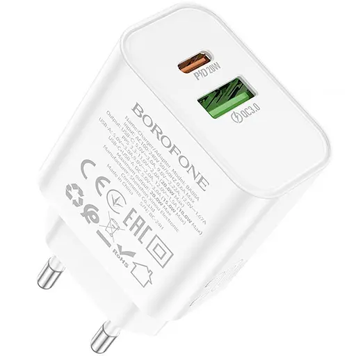 СЗУ Borofone BA88A Navy PD20W+QC3.0 (1USB-A/1C) White - фото 3