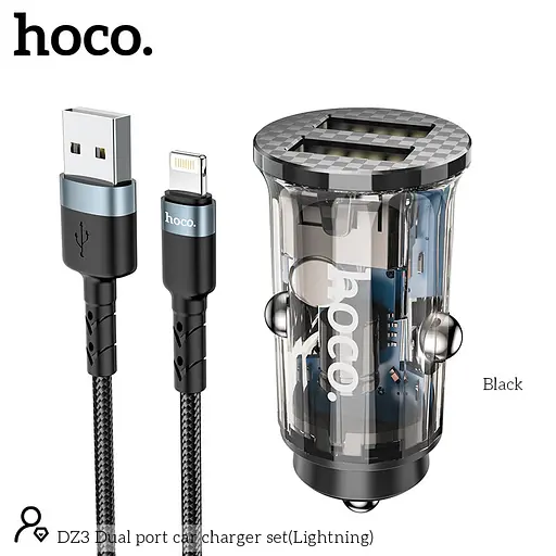 Адаптер автомобільний HOCO DZ3 2 USB car charger + кабель Lightning прозоро чорний - фото 3