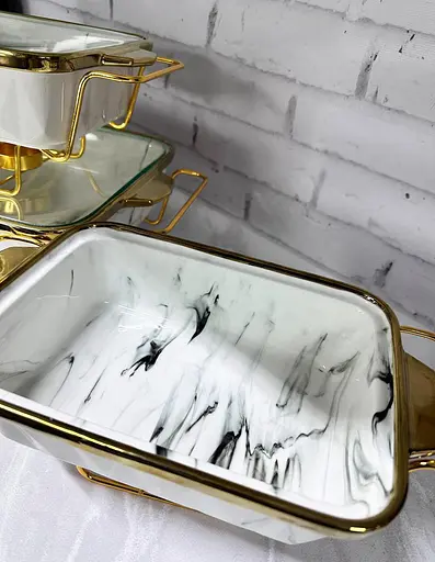 Набор из 3-х мармитов керамических прямоугольных Kitchen с крышками из стекла Бело Золотой - фото 8