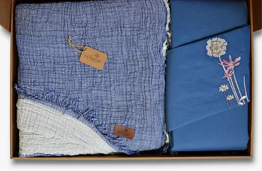 Літня постільна білизна з мусліновим покривалом-піке Selin Mavi Ekru La Maison pbe0051392 - фото 2