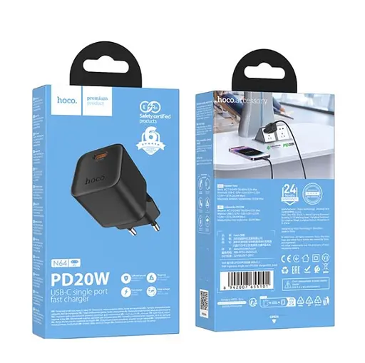 Сетевое зарядное устройство Hoco N64 Ingenious single port PD20W charger(EU) Черный - фото 2