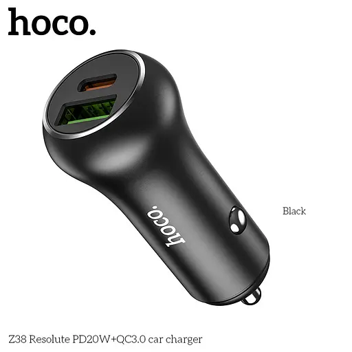 Адаптер автомобильный Hoco Resolute Car charger Z38 1USB/1Type-C, QC/PD, 3A, 38W| - фото 1