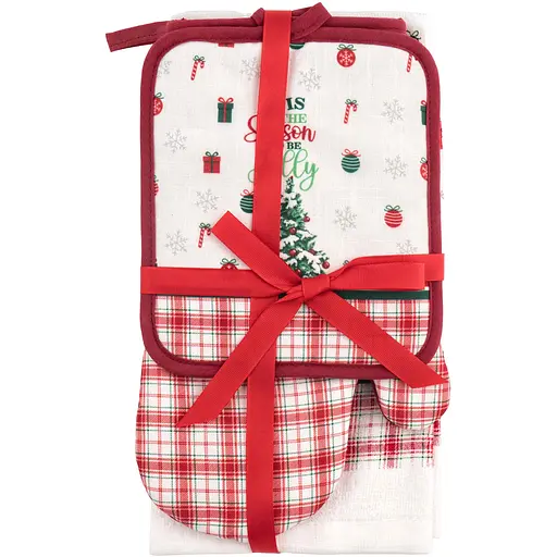 Подарочный набор для кухни Ardesto Christmas Tree, 3шт, 100% хлопок (полотенце), 100% полиэстер (прихватки), зеленый (ART14HTR) - фото 1