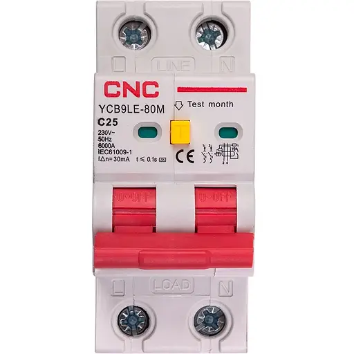 Дифференциальный автоматический выключатель CNC YCB9LE-80M 2P C25 6000A 30mA 230V