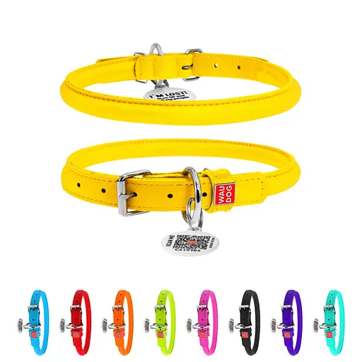 Нашийник для собак шкіряний Waudog Glamour з QR-паспортом круглий Д 10 мм Д 39-47 см жовтий - фото 2