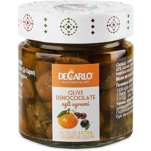 Оливки DeCarlo Leccina з цитрусовими без кісточки 200 г