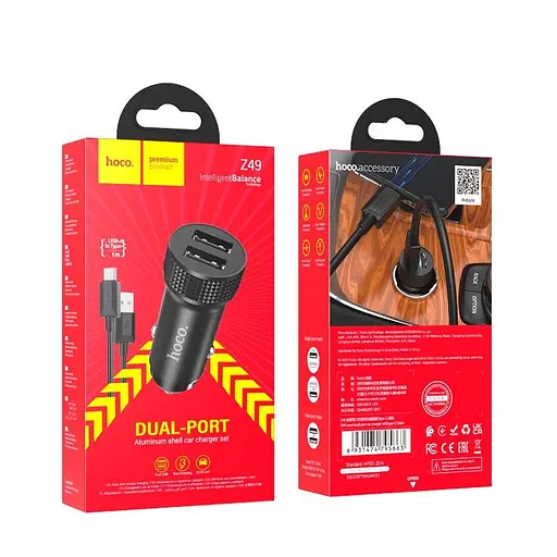Адаптер автомобильный HOCO Type-C Cable Level dual port car charger Z49 2 USB 12 W черный - фото 2