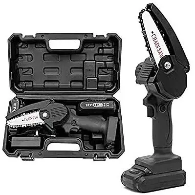 Акумуляторна ланцюгова міні пила 4 дюйма 24Vf для обрізки дерев і розпилювання дров у пластиковому кейсі Чорна - фото 1