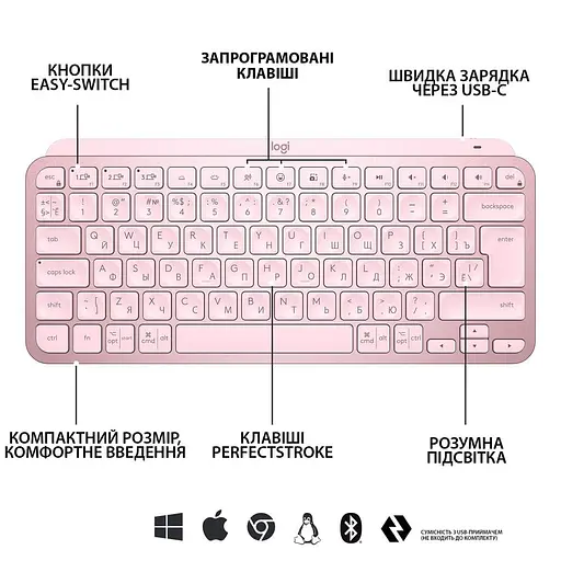 Клавіатура Logitech MX Keys Mini Wireless Illuminated Rose (920-010500) - фото 6