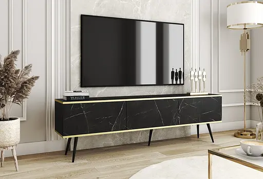 Тумба під телевізор Perfect Home Оро / Oro 3-дверна з чорними ніжками RTV175 Чорний мармур роял (PFH-091340)