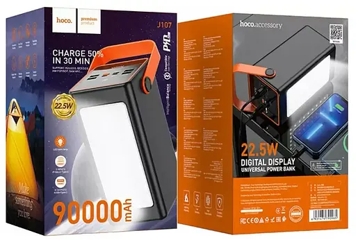 Зовнішній акумулятор Hoco J107 90000mAh PD20W+QC3.0 із лампою 22.5W (Чорний)Зовнішній акумулятор Hoco J107 90000mAh PD20W+QC3.0 із - фото 7