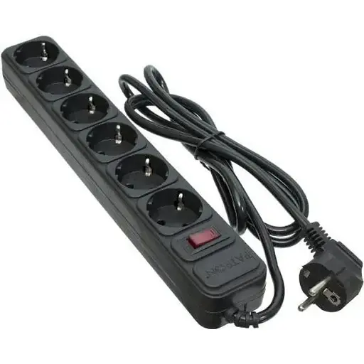 Фильтр сетевой Patron, 6 розеток, 1.8 м, черный, 10А, до 2.2 кВт, выключатель, заземление, 3x1 мм² (SP-1062) - фото 1