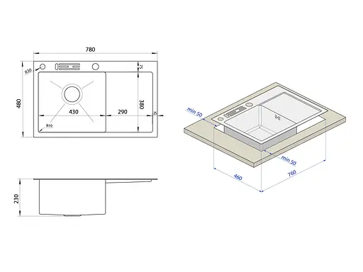 Кухонна мийка з нержавіючої сталі з лівим крилом накладна Nett NS-7848(L), Нержавіюча сталь - фото 10