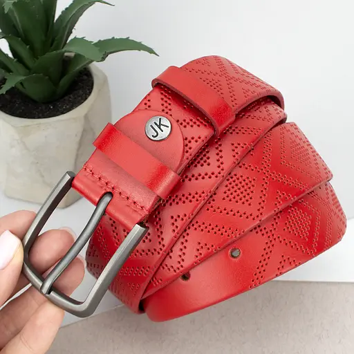 Ремінь жіночий червноий шкіряний JK-3556 (120 см) з вишиванкою - фото 6