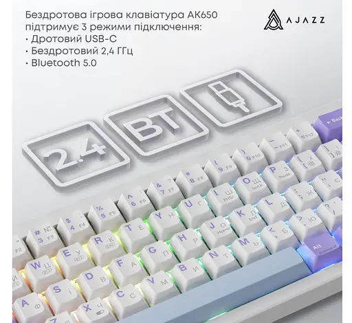 Клавиатура игровая механическая беспроводная Ajazz AK-650WP White-Purple RGB Flying Fish Switch Hot-Swap 2.4G/Bluetooth/USB - фото 7