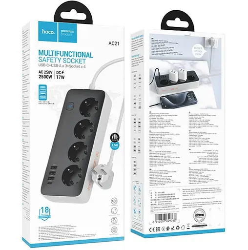 Сетевой фильтр Hoco AC21 Sunlight 4-bit(1C3A) desktop socker(EU) Черный - фото 2