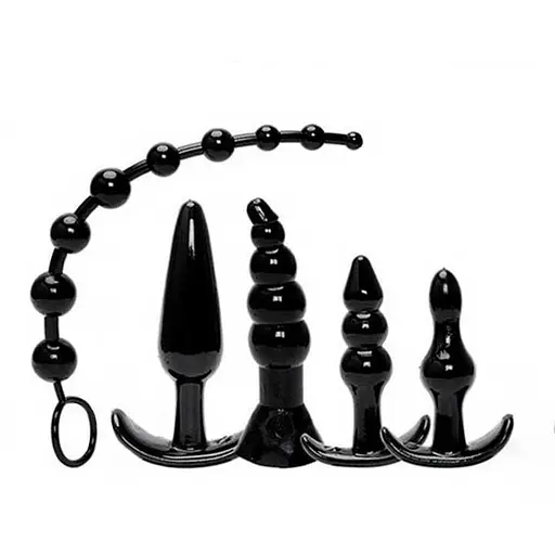 Набір силіконових анальних пробка фігурних з анальним намистом чорний 5 предметів - фото 1