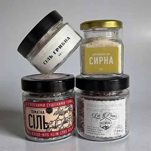 Набор украинских солей: Грибная, Копченая груша, Сырная и Соль с вялеными помидорами – Идеальный подарок для гурманов