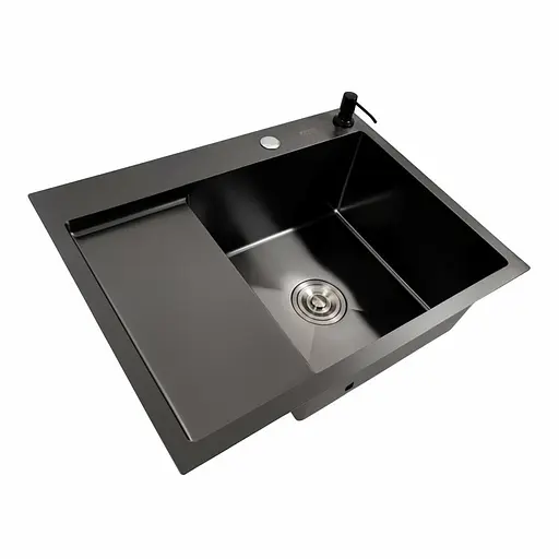 Кухонная мойка CM 65x50 R PVD черная Platinum Handmade (круглый сифон 3.0/0.8), Черный - фото 4