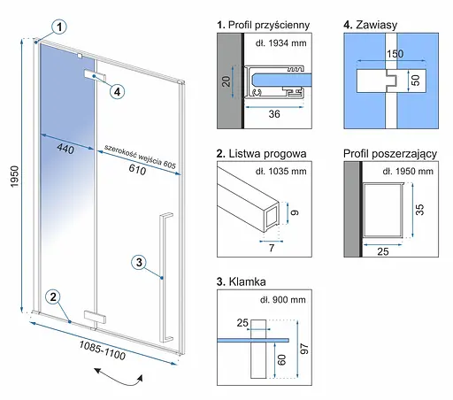 Душевые двери Rea Fargo black mat 110 REA-K6325, прозрачный, черный - фото 4