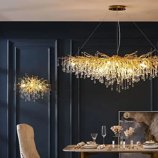 Люстра золотая удлиненная с хрустальными капельками 100х50 см Line F | Ст. 705L-1000 GD+CL - фото 4