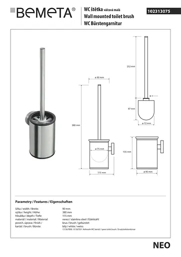 Туалетный ершик Bemeta Neo с держателем хром 102313075, Белый - фото 2
