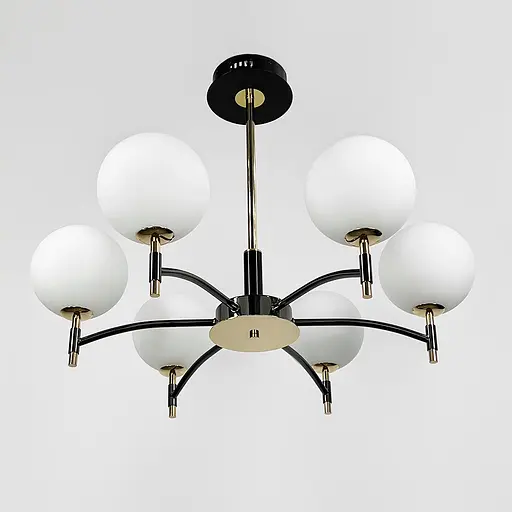 Чорна люстра із золотою фурнітурою на 6 білих плафонів Ø70 см | Арт. MJ 214/6 BK+AB+WT | Line F - фото 6