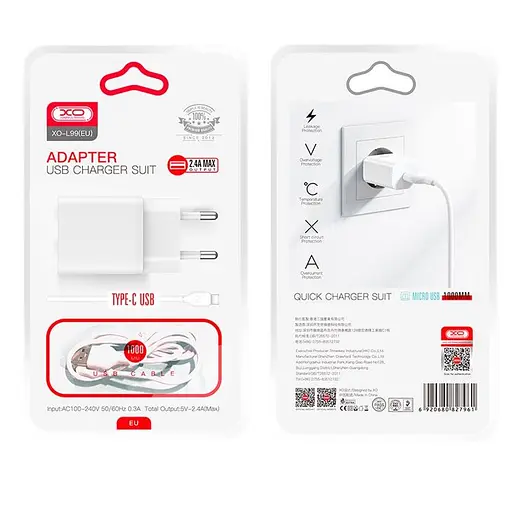 Адаптер сетевой XO Type-C USB Cable Home charger L99 | 1USB, 2.4A | - фото 2