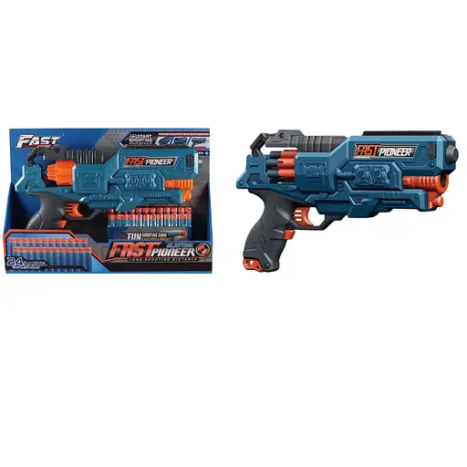 Игрушечный детский пистолет автомат. барабан на батарейках с мягкой. патронами Синий (24 шт.)(38 х 26см) - фото 1