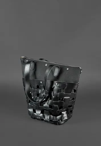 Шкіряна плетена жіноча сумка Пазл L вугільно-чорна - фото 5